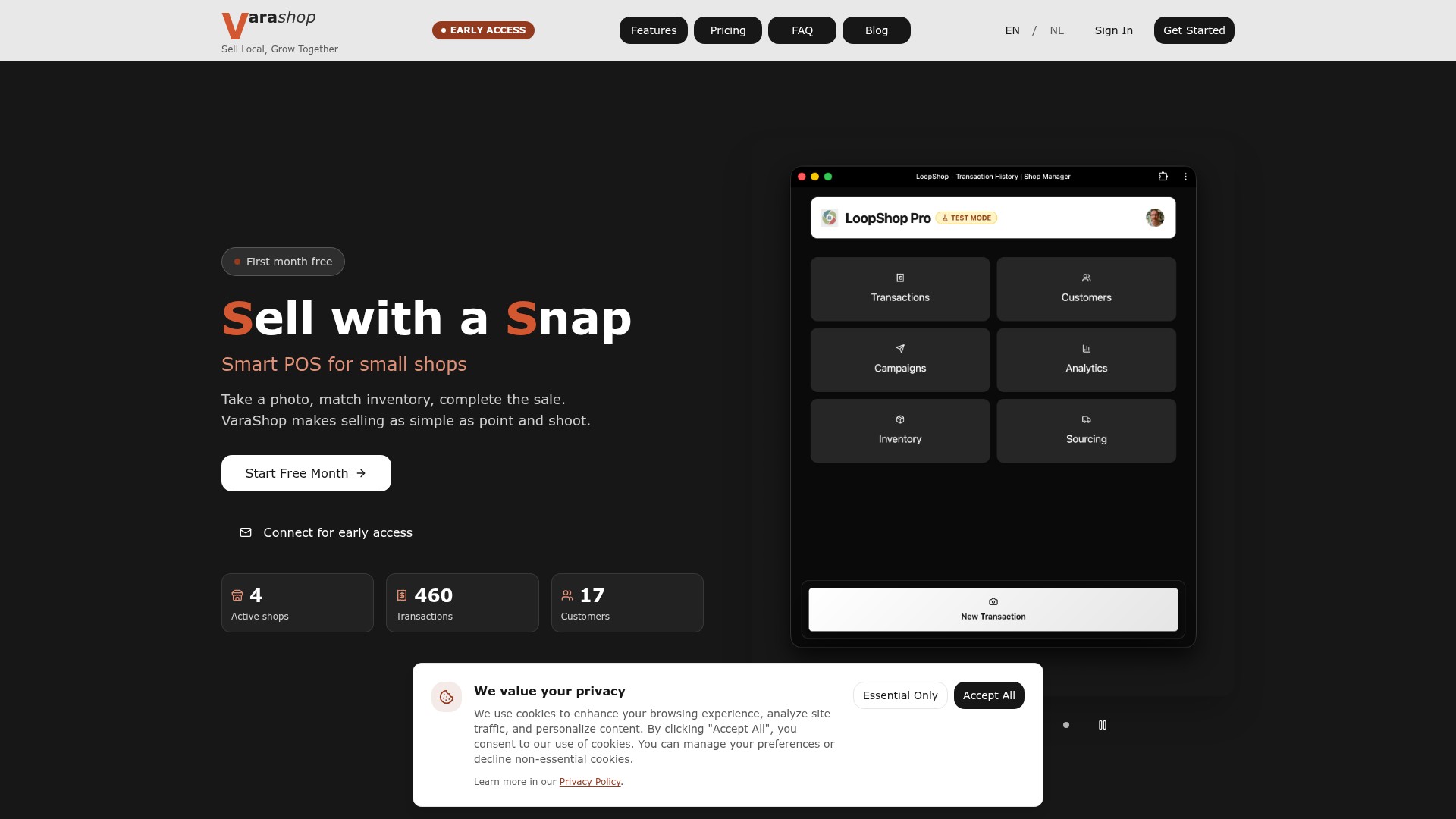 VaraShop website showing its point-of-sale app for small shops