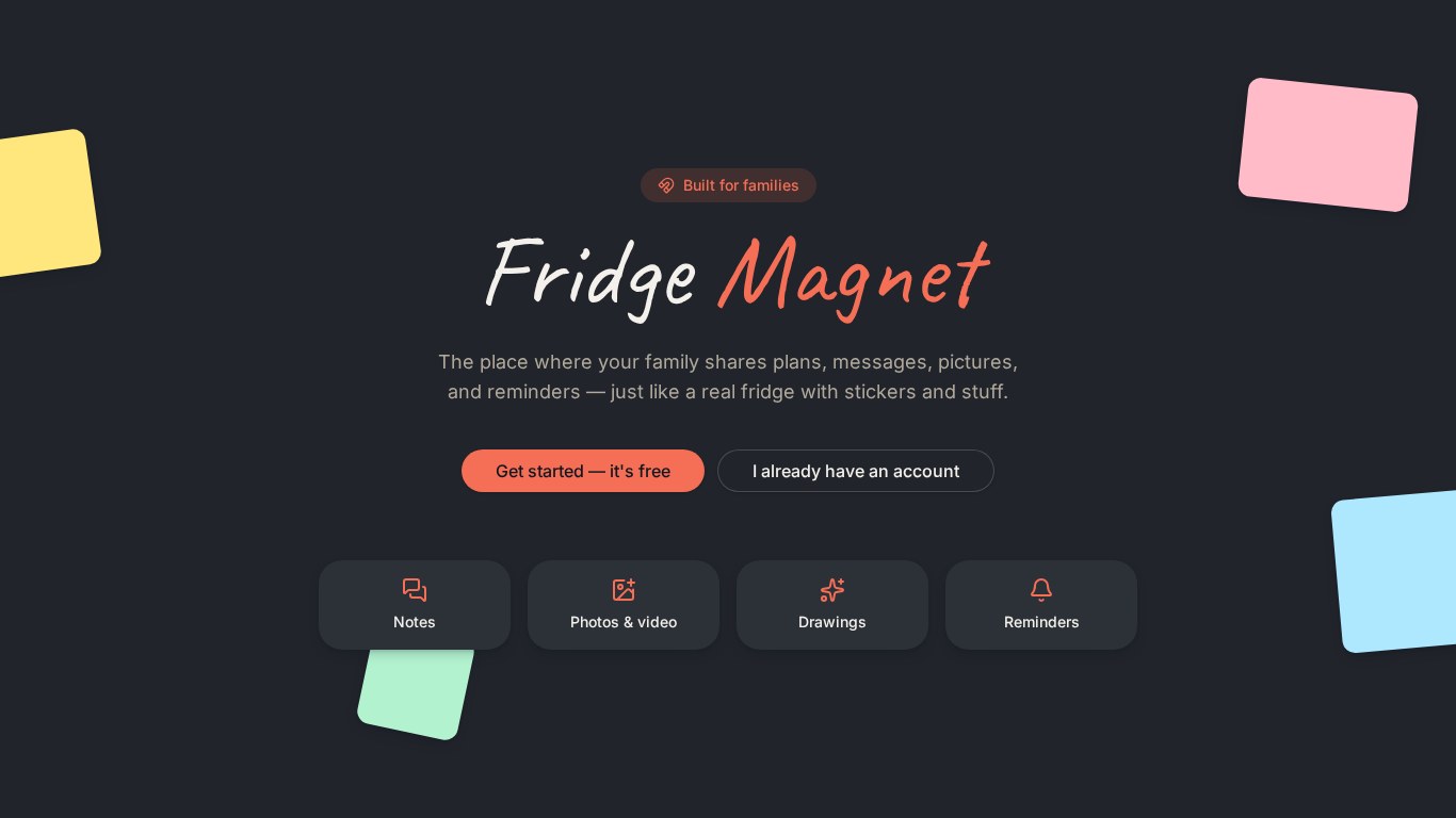 Fridge Magnet website, a shared family fridge for notes, photos and reminders